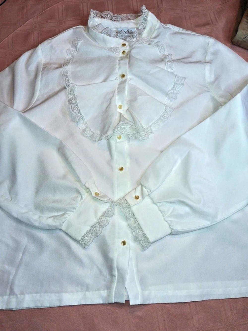 Lady Blenner Lace Trim Button Front Blouse in White Size 40 Vintage